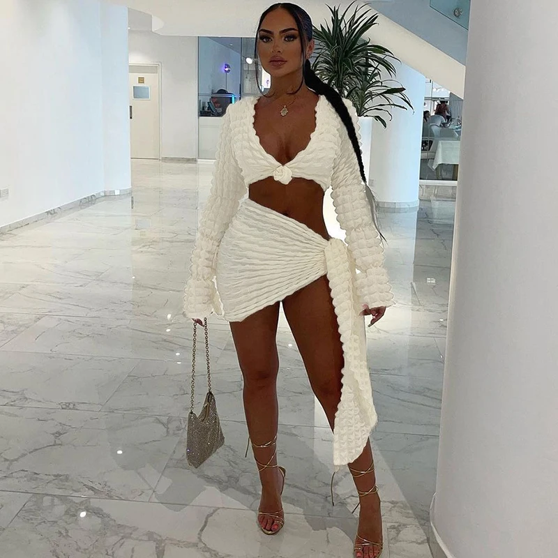 Fashion Sexy Ladies Clothing Short Wrap Skirt Co Ord Sets Woman 2 Pieces Outfits Two Piece Crop Top And Mini Skirt Set For Women