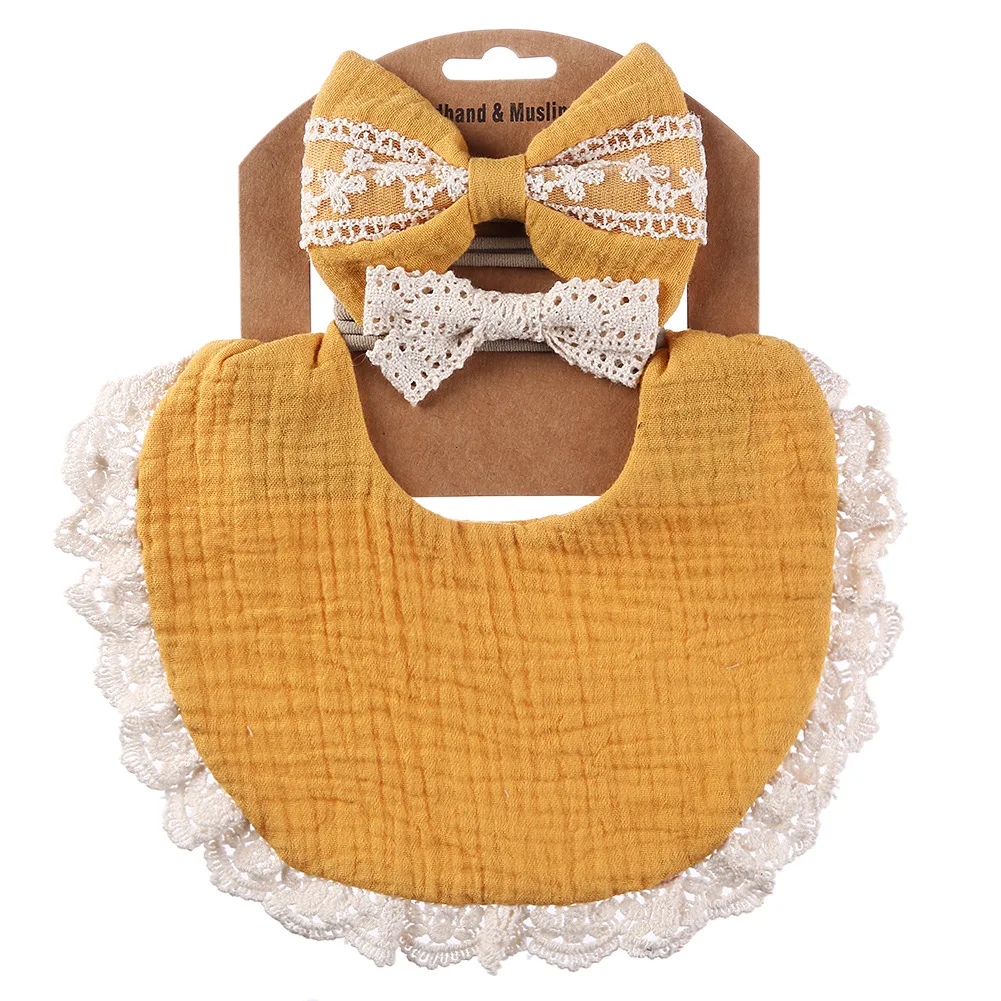 2024 hot sale 3 Pcs Cotton Linen Bib Burp Clothes Newborn Girl double sided solid lace trim drool baby muslin bib and bow