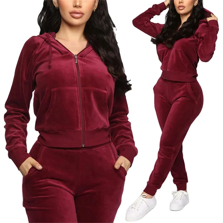 Loungewear Custom Zip Crop Top Slim Hoodies and Jogger Pants Velour Sweatsuits Set 2 Piece Full Zip Tracksuits