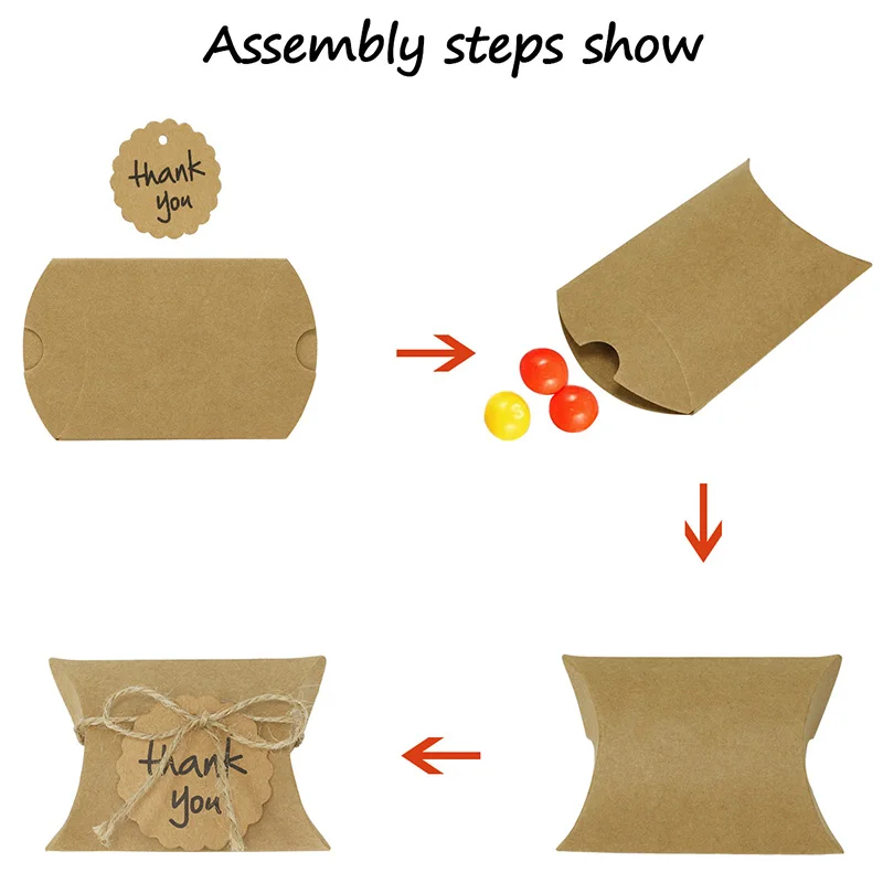 
Vlovelife Pillow Shaped Wedding Candy Boxes with Tags Kraft Paper Pillow Gift Box For Wedding Birthday Party Favor Box 
