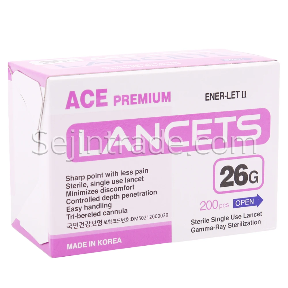 ACE Premium Lancet needles 26gauge Gamma-ray sterilization 22mm. Made in Korea hospital blood manufacture body health clinic