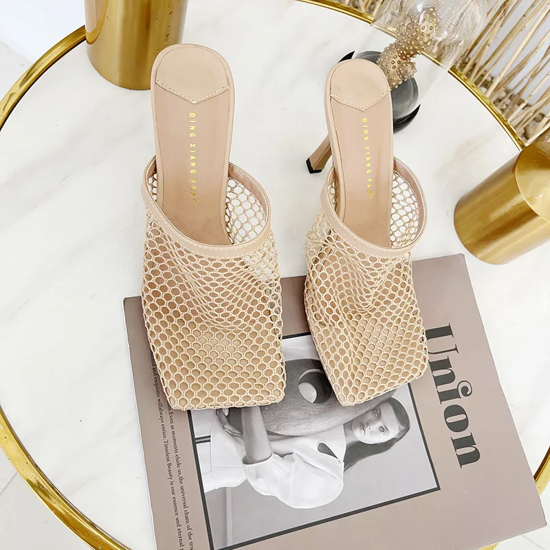 Square Toe Sandals Product Famous Brand Designer Mesh Pumps Ankle Gold Luxury Heels for Woman