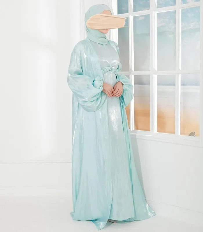 SIPO Premium Fashion Muslim Clothing Satin Silk Cardigan Aqua Blue Abaya Dress Puff Sleeve Dresses With Shawl Hijab
