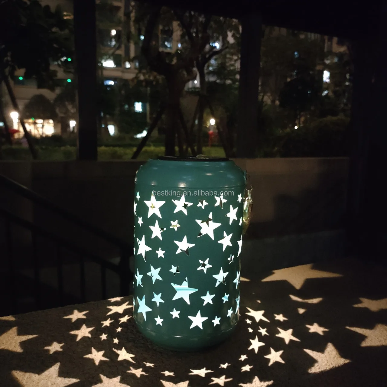 Waterproof outdoor solar powered metal five-star hollow lantern for yard garden festival decoration