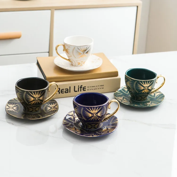 Royal Arabic Ceramic Coffee Cup and Saucer Black Color Tea Cups and Saucers Sets Porcelain Cups Gold Rim