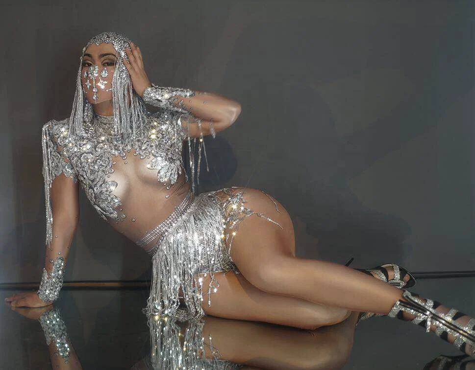 Sexy Bodysuit Sparkly Rhinestones Chains Fringes Outfit Nightclub Party Wear Costume