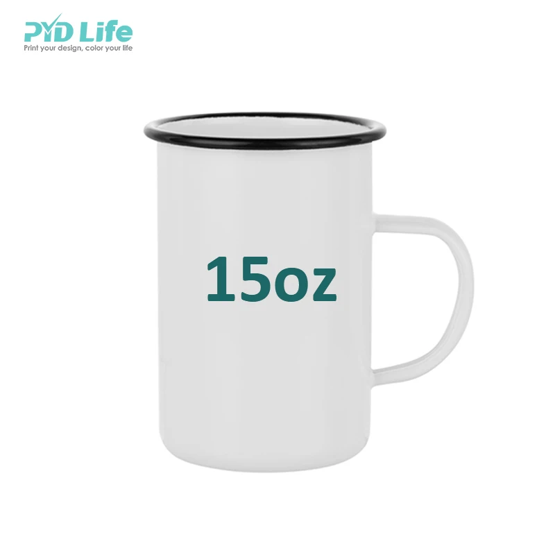 PYD Life Newest 15oz 450ml White Tall Skinny Metal Steel Camping Sublimation Enamel Mug with Black Rim
