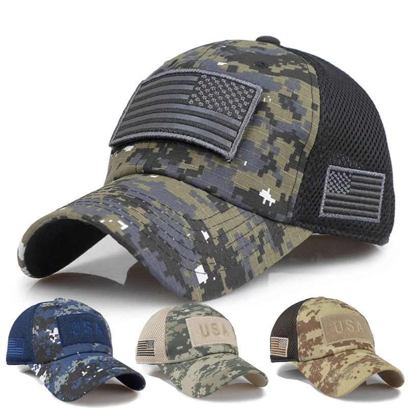 Custom Usa Flag Patch Tactical Camo Baseball Cap Outdoor Hunting Hook Loop Tactical Operator Camouflage Sports Trucker Caps Hat