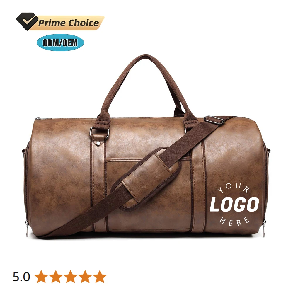Custom Zipper Closure Fashionable Genuine PU Leather with Letter Pattern Unisex Sport leather travel bags for men