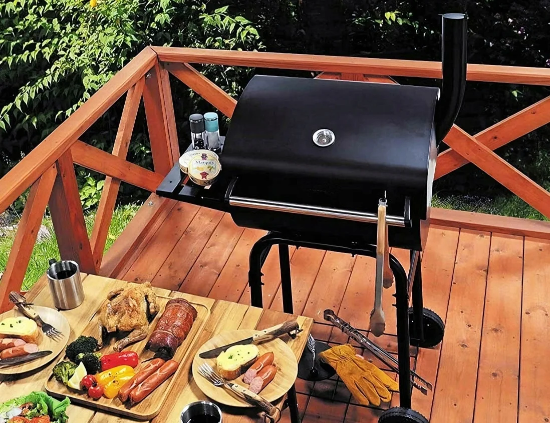 Outdoor Trolley Charcoal Smoker Camping Barbecue Grill With Storage Shelf For Garden Kitchen Cooking