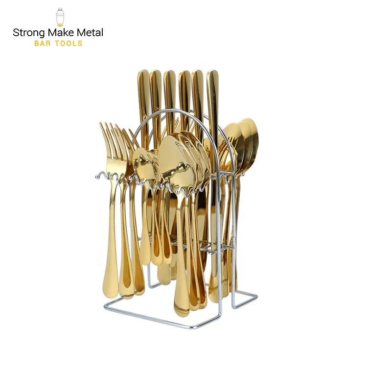 Best Selling Stainless Steel Knife Fork Spoon set 24pcs Gold Flatware Luxury Cutlery Set With Stand