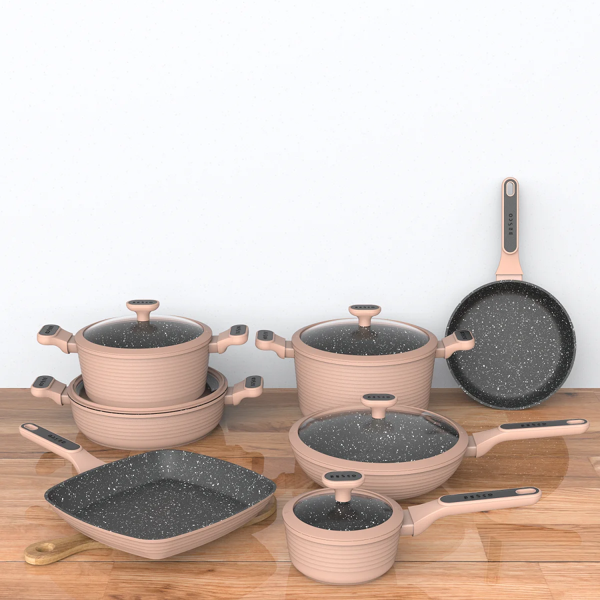 BESCO OEM линейная стильная серия из алюминиевого сплава 3003AL Прямая поставка кухонная утварь крышка с силиконовым ободом набор