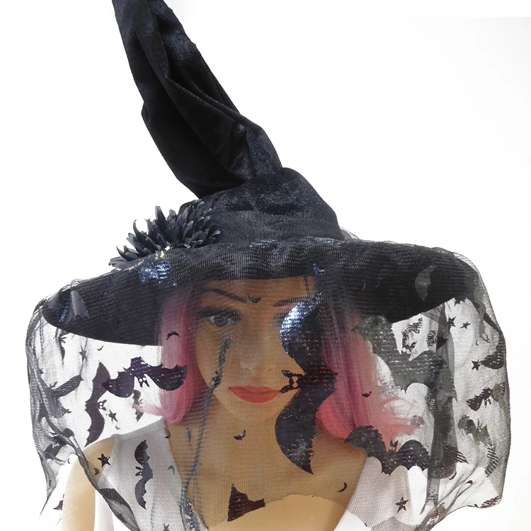 
Style Witch Hat Type Halloween Party Hats And Fascinators With Bat Printing And Flower 