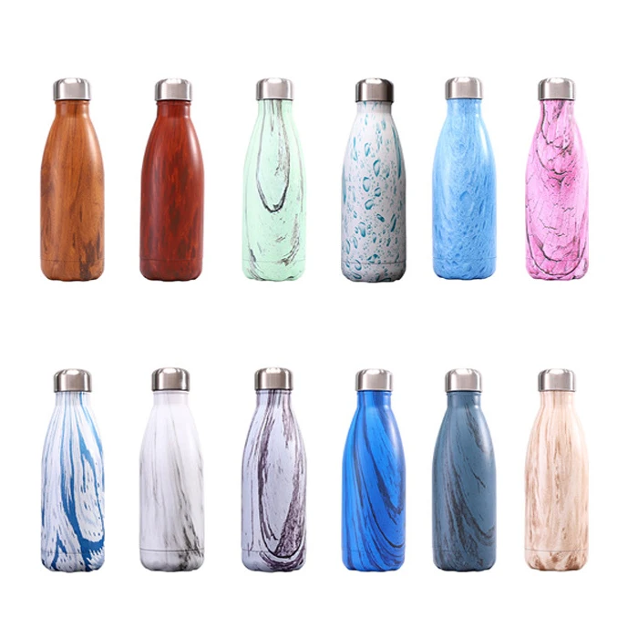 Customized transfer logo wooden 500ml double wall insulated cola water bottle vacuum flask metal lid water bottle for camping