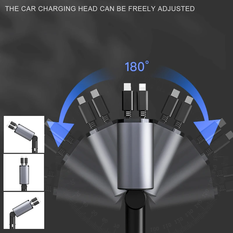 120W 4 in 1 Car Charger Retractable USB Type C Cable Fast Charging Car cigarette lighter USB