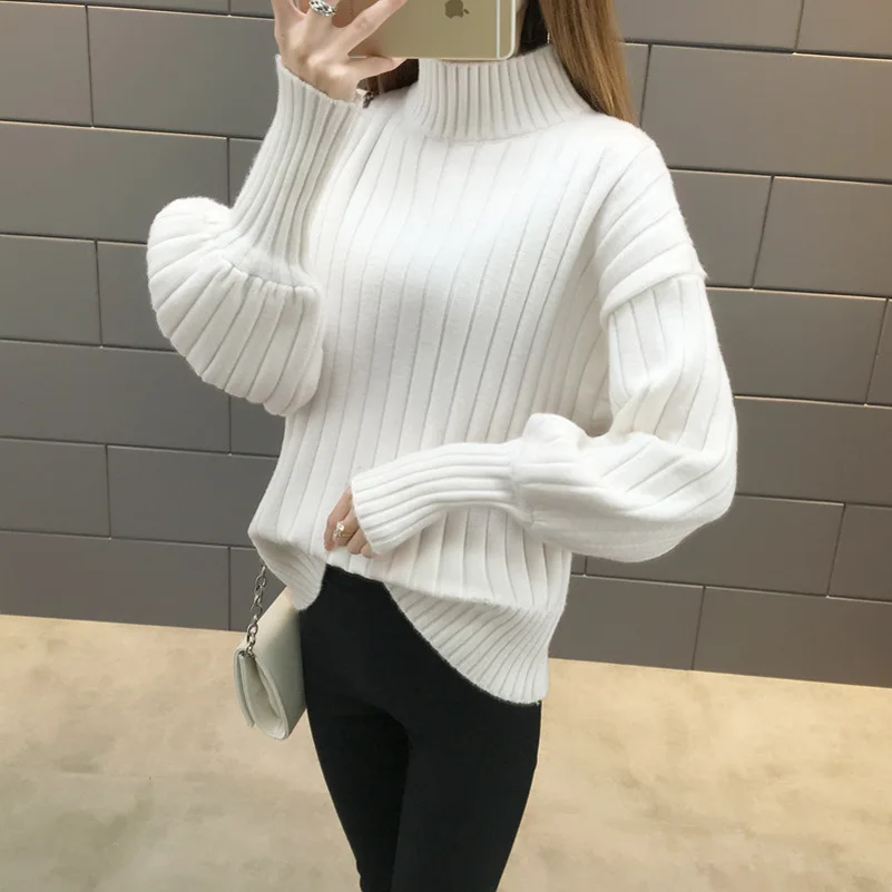 Promotion Fashionable women mock collar lantern sleeve free size cable knit women sweater