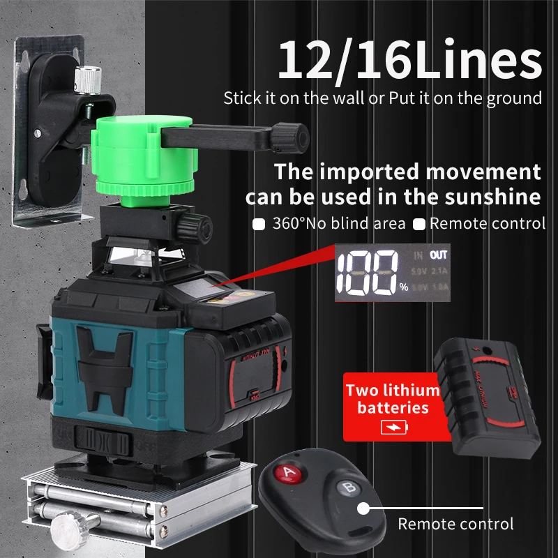 Digital 16 line 4d green beam self-leveling lazer level 360% auto level laser laser stick