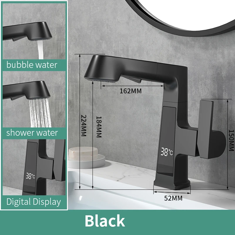 Modern Pull Out Intelligent Digital 360 Degree Rotary solid Brass pull out wash Basin Faucet Hot and Cold Mixer Tap