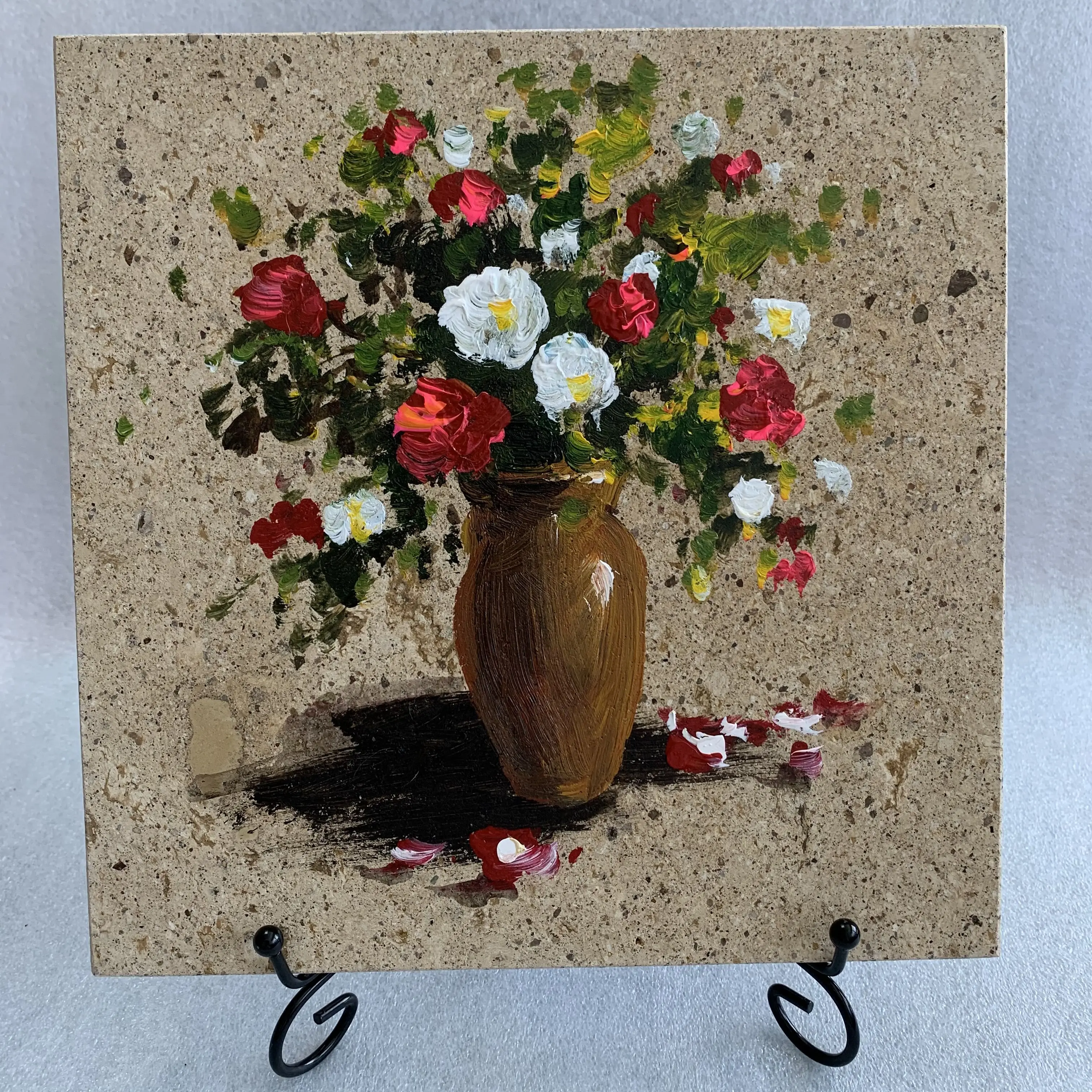 Картина маслом в виде цветка в вазе 25x25 см ручная роспись на каменных плитах