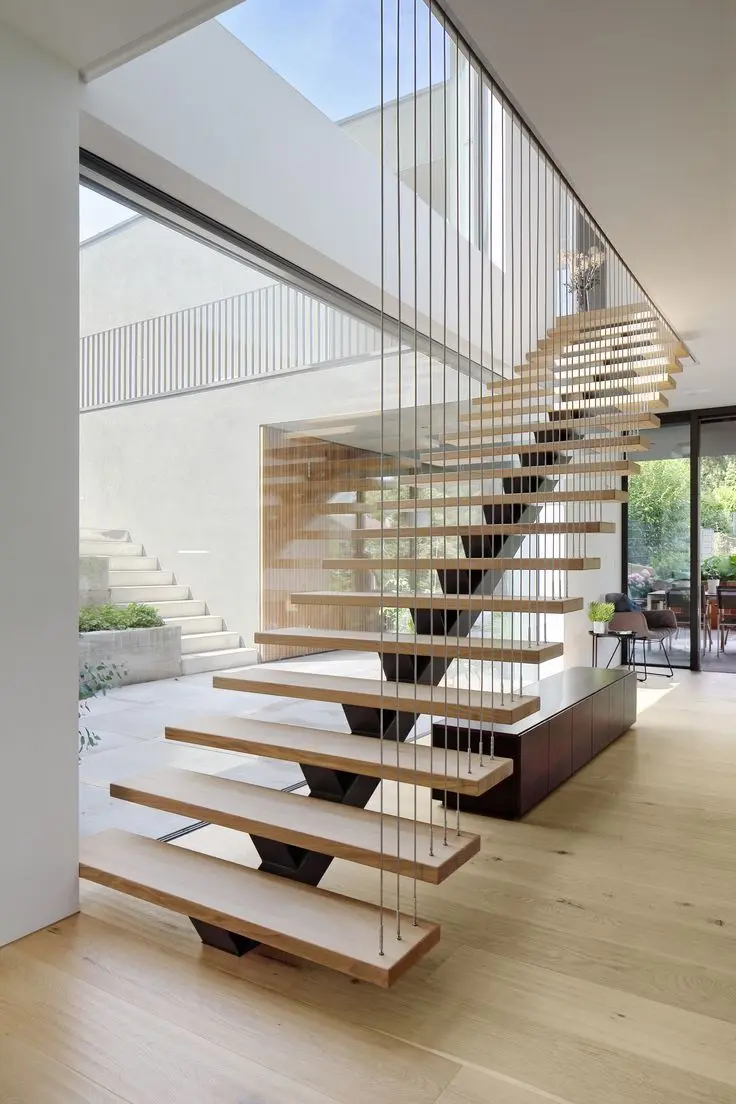 Luxury Design Basement stair pre-buried Stringer Staircase wood marble glass steps straight Floating stairs