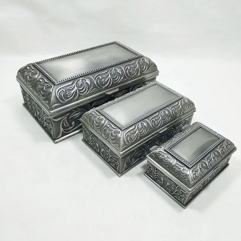 Zinc alloy small rectangle jewelry box with classical flower patternin in pewter plated