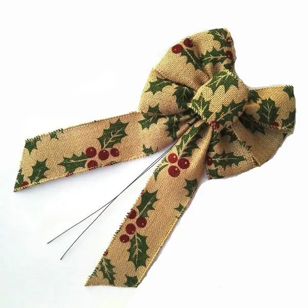 Stitching Wire Edge Trim Christmas Festival Wedding Party Tree Decoration Print Holly Leaf Hessian Fabric Ribbon Bow