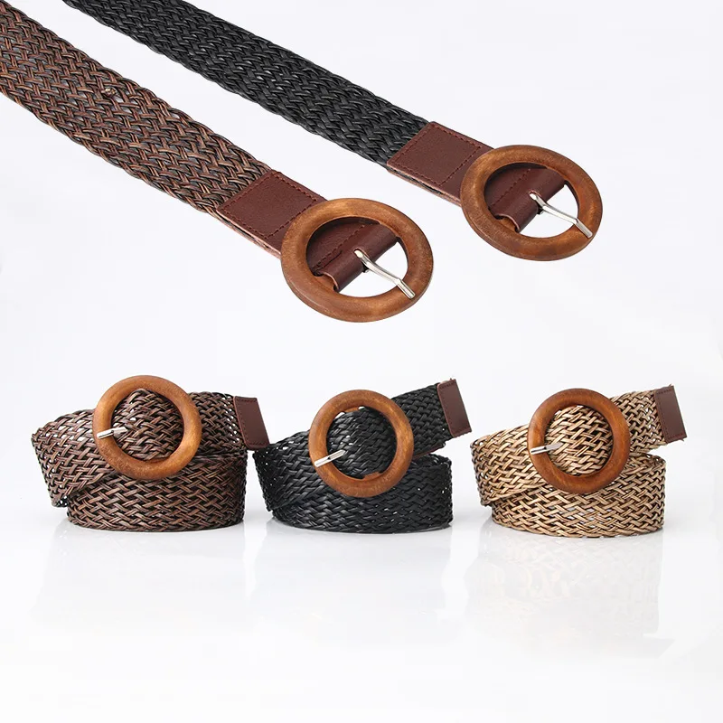 Yaosheng 2021 Ladies Straw Woven Belt Round Wooden Buckle Ladies Dress Retro Straw Belt