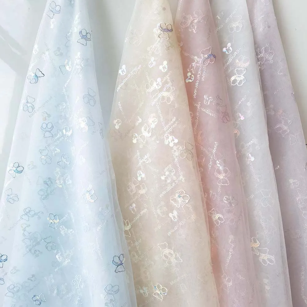 Wholesales 100% Nylon Stunning Glitter Printed little bear Soft Tulle Mesh Fabric For Dress