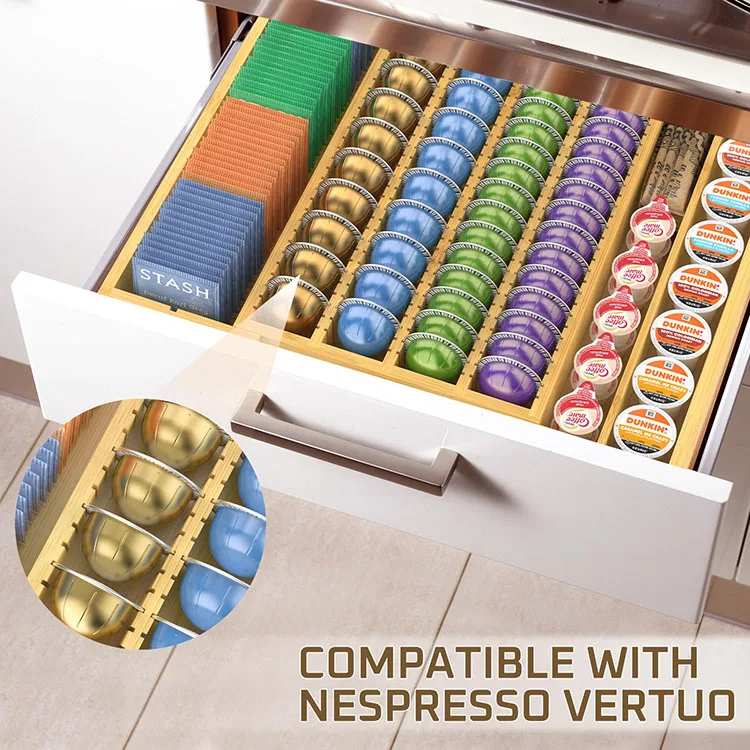 Bamboo Coffee Pod Storage Organizer Expandable K Cup Coffee Pods Holder Compatible with Nespresso Vertuo Capsules