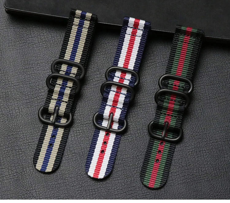 Customize 18 20 22 24mm Many Colors 2-piece Bracelet Stripe Webbing Fabric Woven Nylon Wrist Watch Band Strap Wholesale 3 Rings