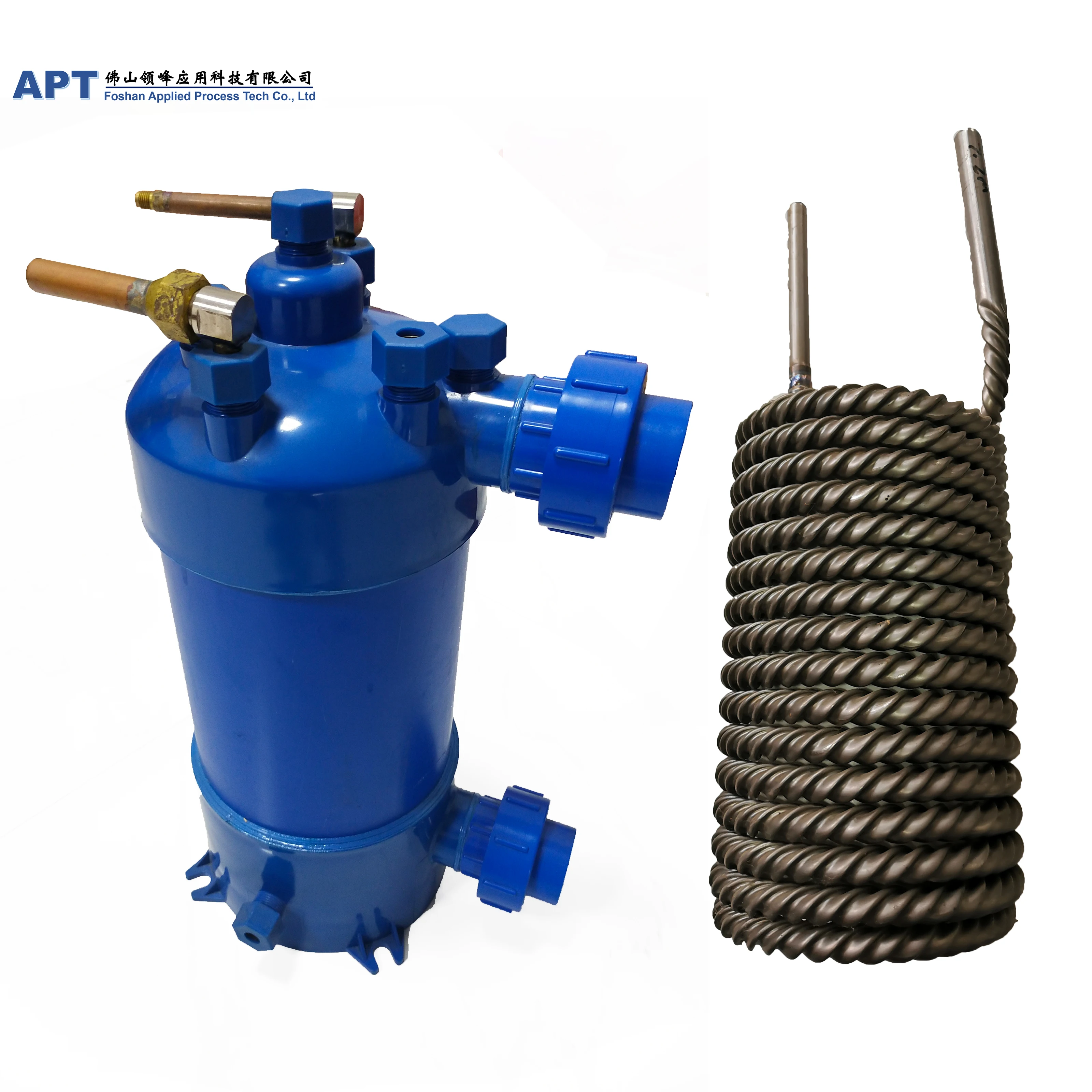 PVC shell and titanium tube coil heat exchanger condenser seafood machine evaporator for swimming pool heat pump