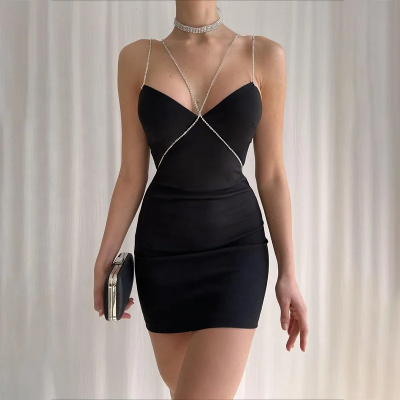 2022 Sexy Crystal Chain Shoulder Strap Women Sling Party Dresses Backless Prom Club Bodycon Evening Dresses