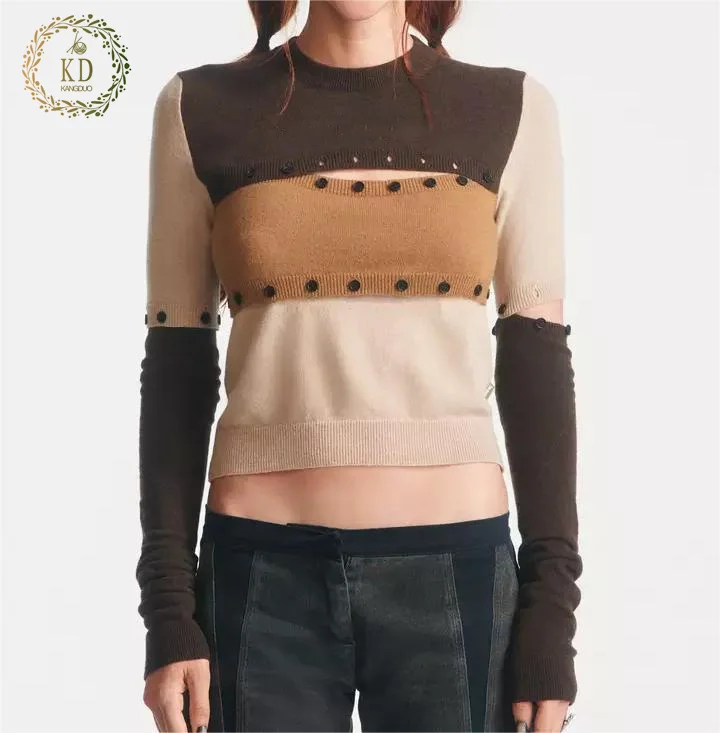 KD Sweater Manufacturer CustomFitted Colorblocked Detachable Button Off Embroidered Cropped Sweater