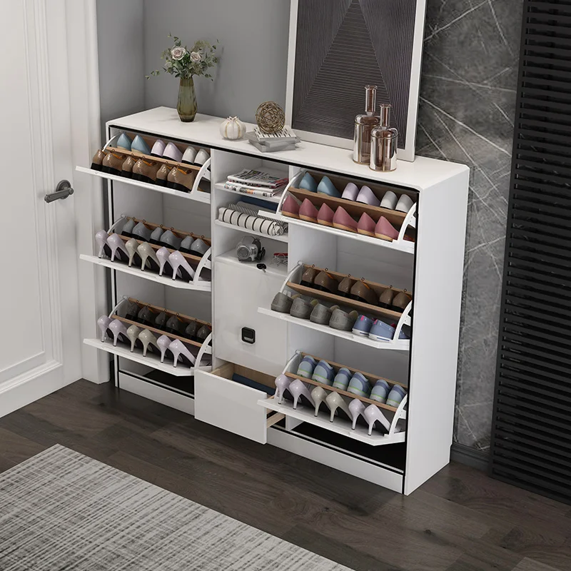 Modern simple black and white 6 door wooden storage cabinet with stool shoe rack