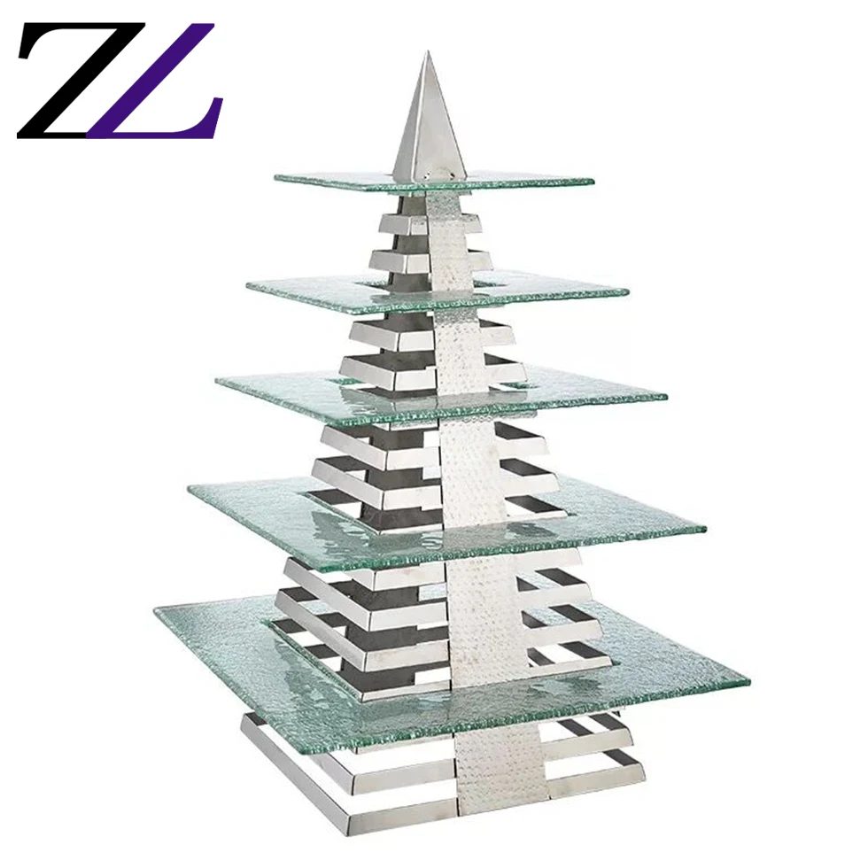 Buffetware pastry display racks cupcake glass risers triangle hammered 5 layer stainless steel buffet cocktail raiser and stands