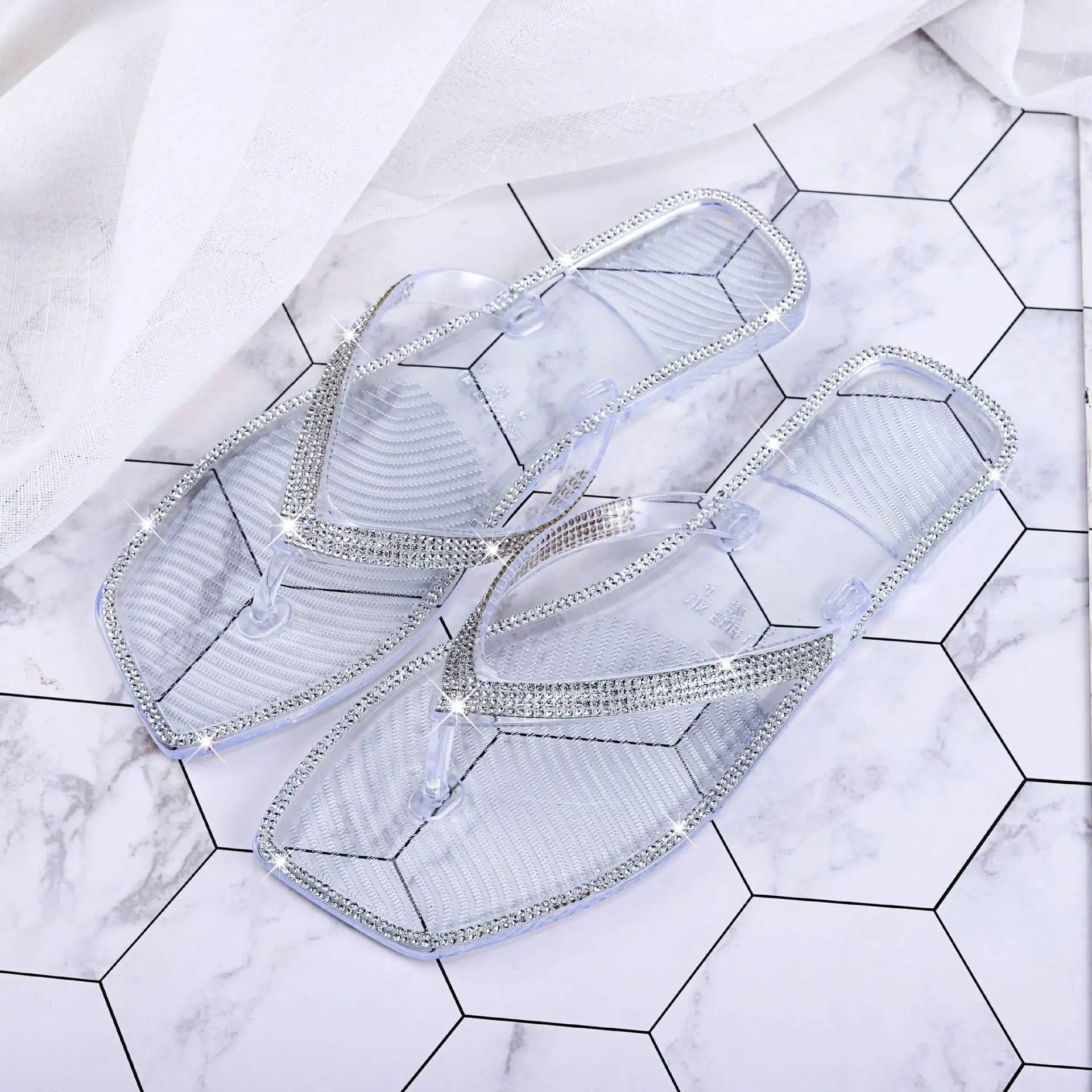 New rhinestone square head flat bottom crystal flip-flops jelly flip flops