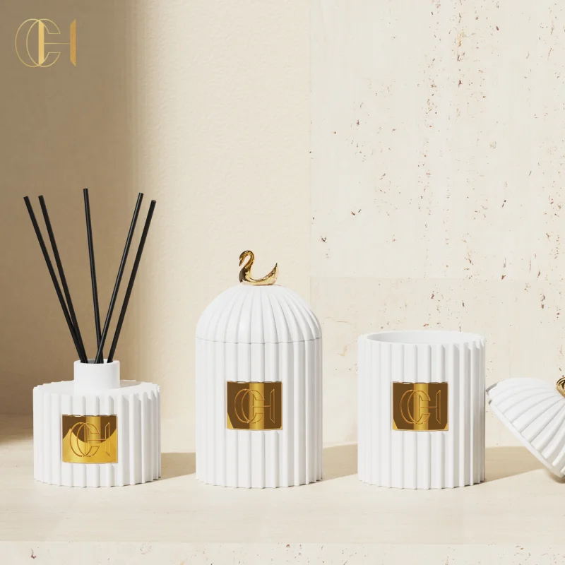 C&H Newest Luxury Aroma Gift Set Reusable Ceramic Reed Diffuser Jar and Nordic Big Size Matte White Ceramic Empty Candle Jar