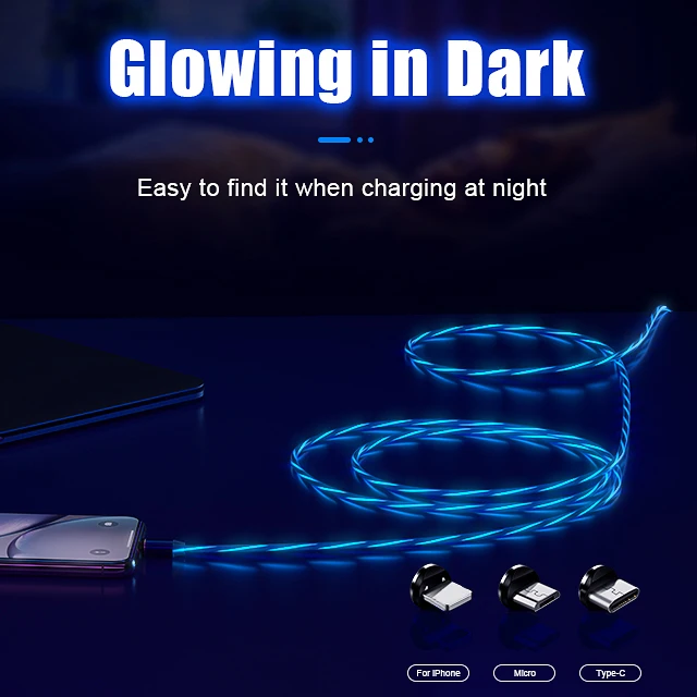 Amazon top seller LED RGB colors glow flowing light magnetic 3 in 1 phone charging cable