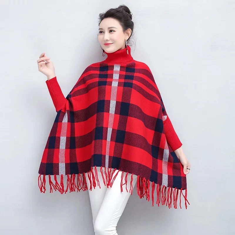Fashion clothing loose-fitting plaid tassel poncho pullover women turtleneck shawl with sleeves
