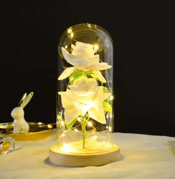 Wholesale Valentine Day Gifts Preserved Rose Forever Flowers LED Glass Cover Night Light