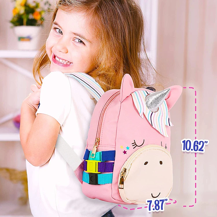 Custom cartoon unicorn toddler school bags busy board learning backpack montessori educational toys