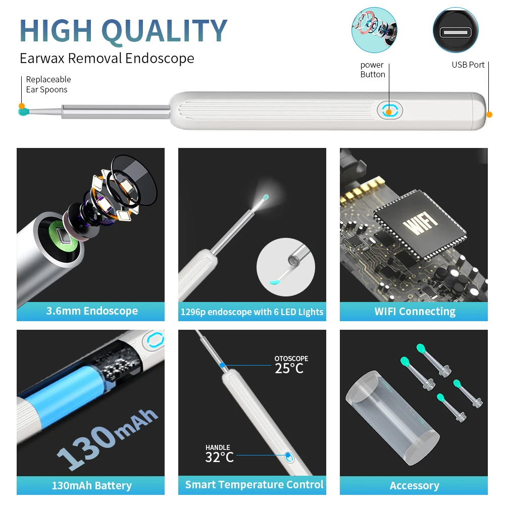 Ear Cleaner with camera Set Ear Sticks Otoscope USB C Charging Endoscope Wax Removal Tool Earpick MIni Camera Ear Cleaning Set
