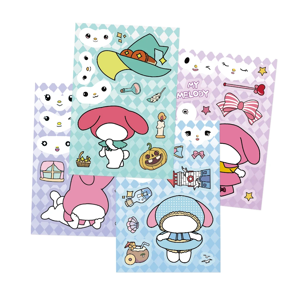 8 Sheets Cute Cartoon Melodys Puzzle Stickers Make A Face Assemble Jigsaw Diy Phone Case Water Cup Kids Educational Toys