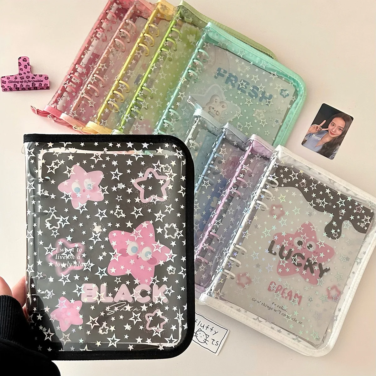 A5 Full Zipper Budget Planner Wallet Loose Leaf Clear PVC Binder Cover for 3 Inch Pictures Name Card Storage Photo Album