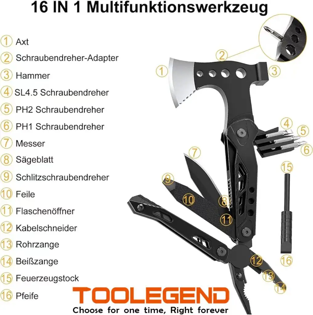 Outdoor camping multi-functional axe, convenient folding flint combination, emergency life-saving multi-purpose artifact