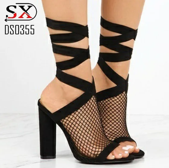Black color mesh upper sandals women  high heel shoes sexy lady shoes