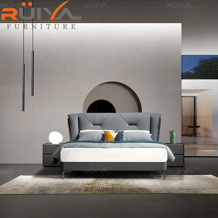 modern luxury bedroom furniture upholstered solid wood leather bed genuine leather bed frame