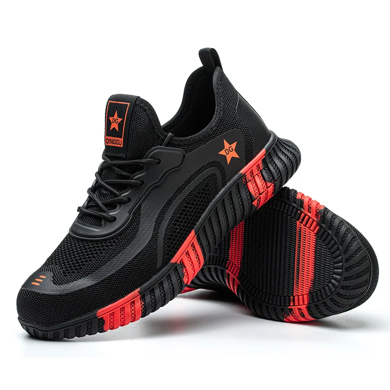 Dinggu Breathable Comfortable Flyknitting Upper Anti Slip Rubber Anti Smashing Steel Toe Sports Footwear