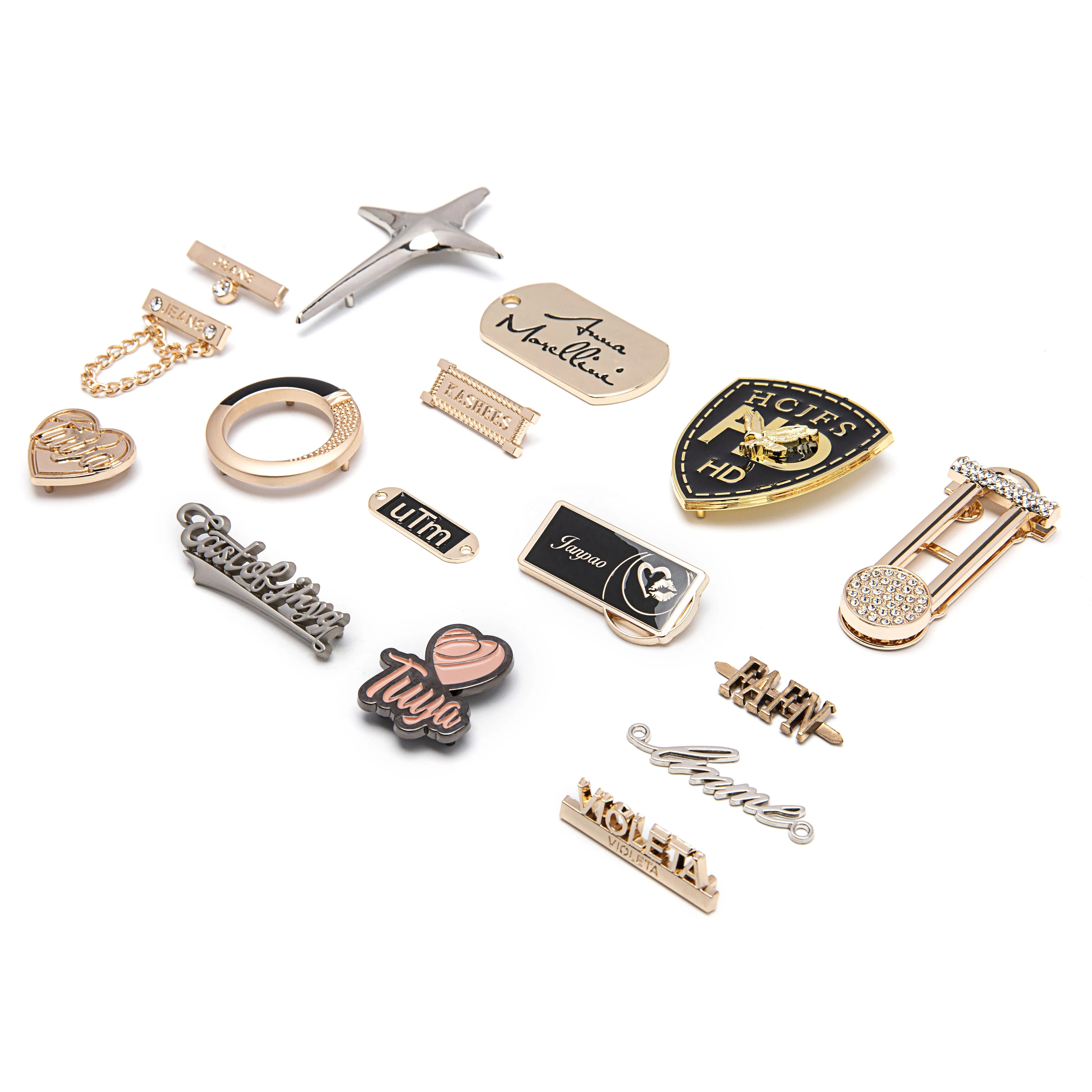 JinYi Hardware OEM ODM Custom Brand Logo Design Zinc Alloy Clothing Decorative Metal Label Tag