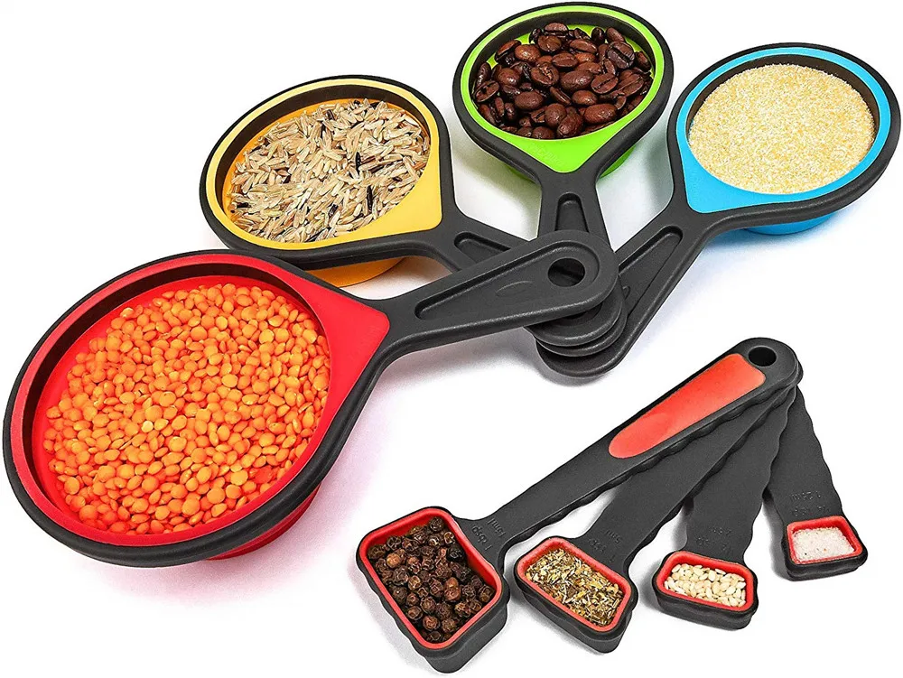 BPA Free Silicone Measuring Cups and Spoons Set Heat Resistant Foldable Engraved Metric Cups and Spoons Set